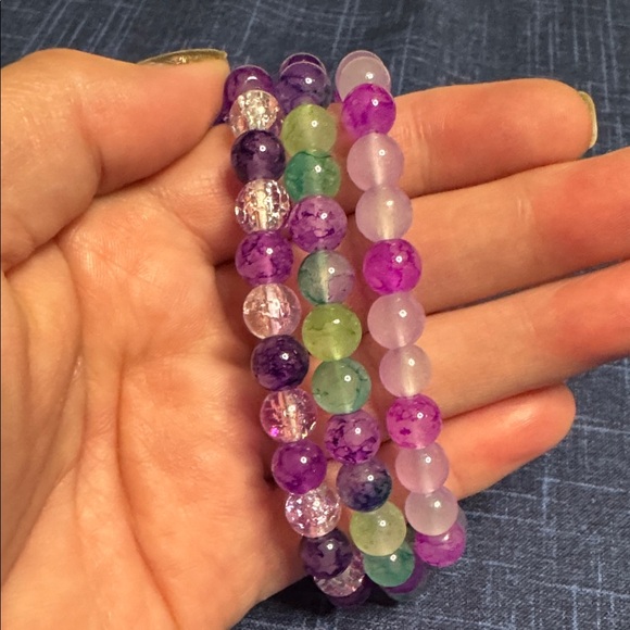 Handmade Jewelry - Handmade Purple and Green Glass Beaded Bracelet Set